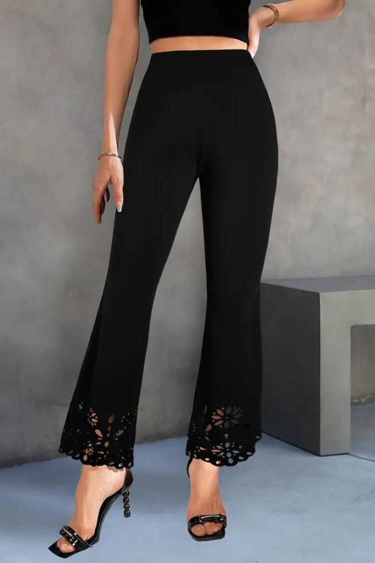 Women's High Waist Waistline Expanding Laser Floral Cut Detailed Imported Crepe Pants
