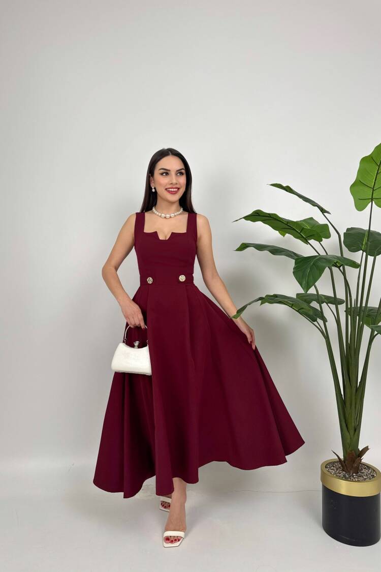 Belt Button Dress - Burgundy