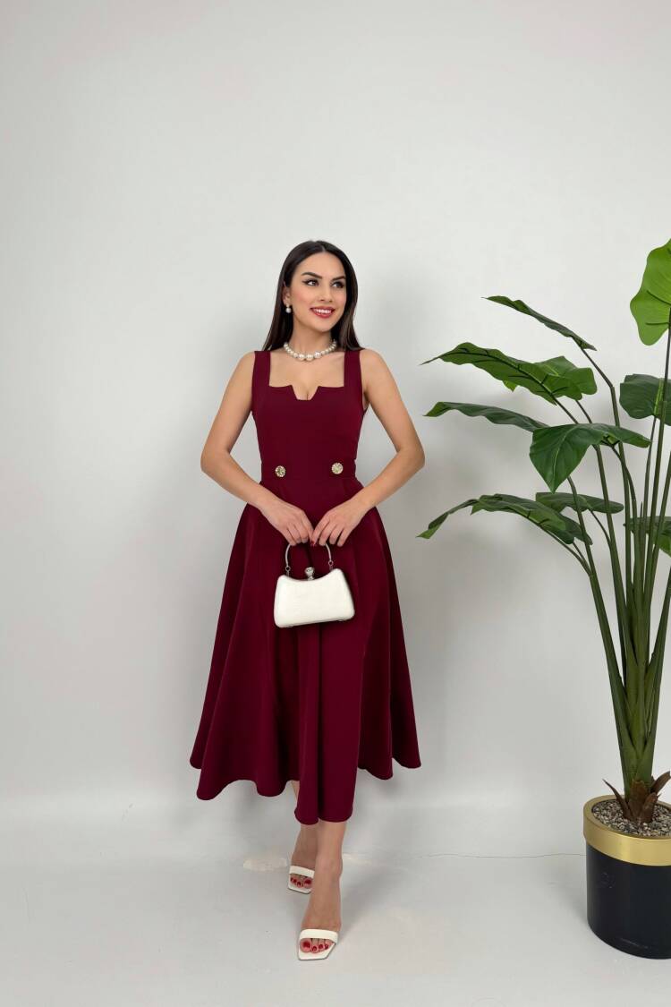 Belt Button Dress - Burgundy