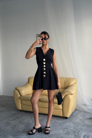 Sleeveless Gold Button Dress With Collar And Pleated Short - Brand: Ello - Women's Clothing Wholesale - Globality Store