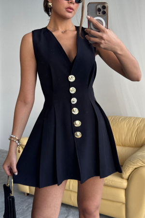Sleeveless Gold Button Dress With Collar And Pleated Short - Brand: Ello - Women's Clothing Wholesale - Globality Store