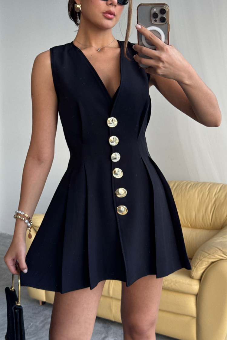 Sleeveless Gold Button Dress With Collar And Pleated Short
