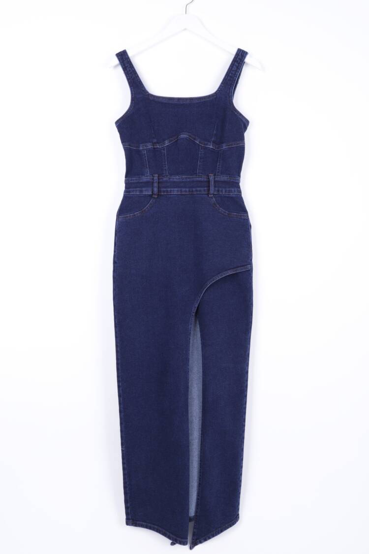 Asymmetric Detailed Denim Dress With Straps