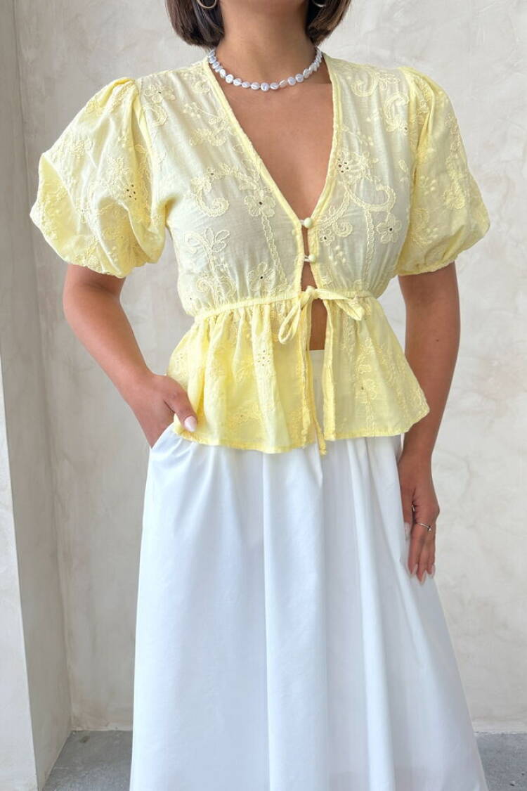 Front Tie Embroidered Voile Blouse