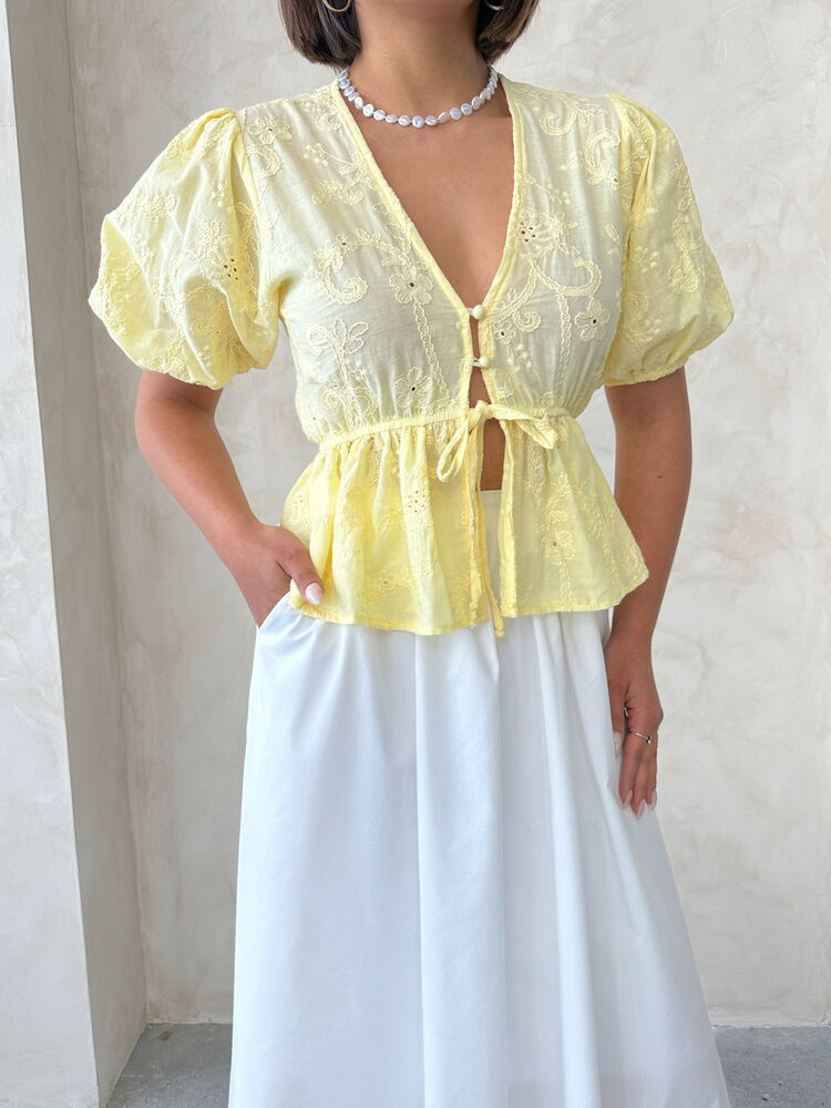 Front Tie Embroidered Voile Blouse