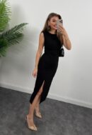 Women's Strappy Sleeveless Waist Ruffle Slit Midi Janjan Crepe Dress - Black - Brand: Janes - Women's Clothing Wholesale - Globality Store