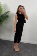 Women's Strappy Sleeveless Waist Ruffle Slit Midi Janjan Crepe Dress - Black - Brand: Janes - Women's Clothing Wholesale - Globality Store