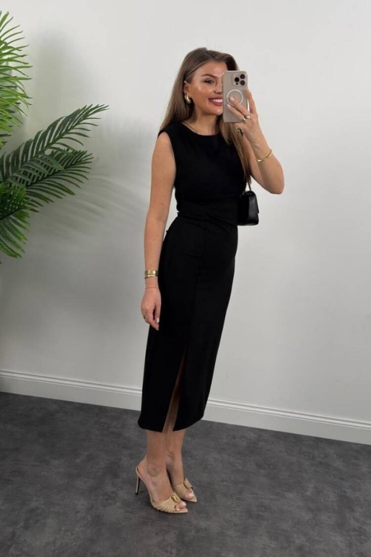Women's Strappy Sleeveless Waist Ruffle Slit Midi Janjan Crepe Dress - Black