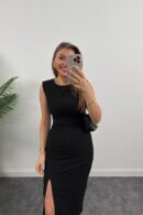 Women's Strappy Sleeveless Waist Ruffle Slit Midi Janjan Crepe Dress - Black - Brand: Janes - Women's Clothing Wholesale - Globality Store