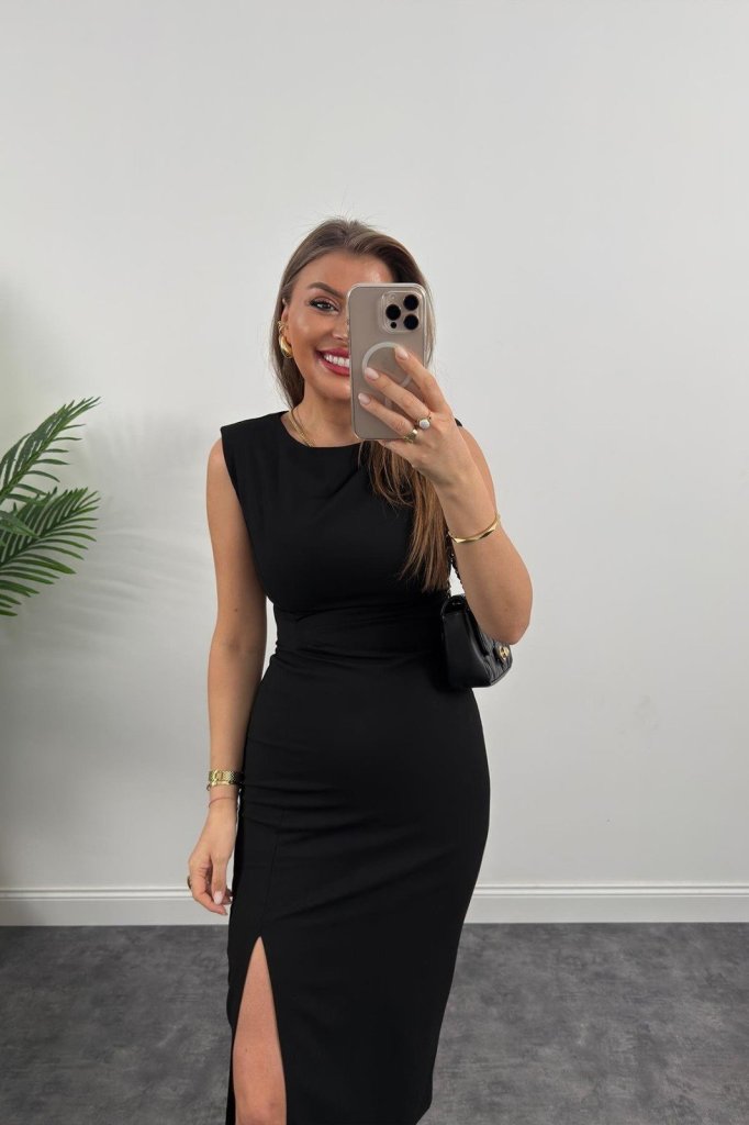 Women's Strappy Sleeveless Waist Ruffle Slit Midi Janjan Crepe Dress - Black