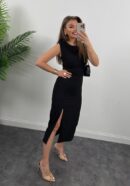 Women's Strappy Sleeveless Waist Ruffle Slit Midi Janjan Crepe Dress - Black - Brand: Janes - Women's Clothing Wholesale - Globality Store