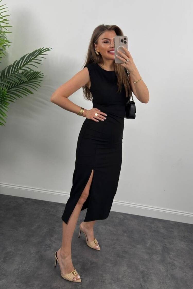 Women's Strappy Sleeveless Waist Ruffle Slit Midi Janjan Crepe Dress - Black