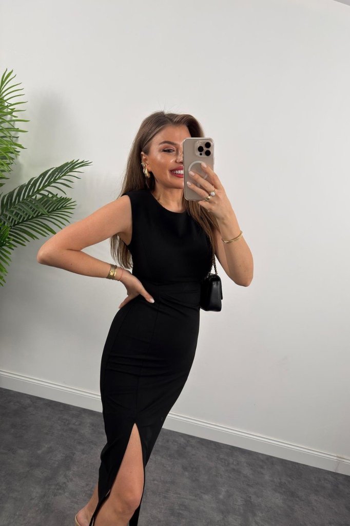 Women's Strappy Sleeveless Waist Ruffle Slit Midi Janjan Crepe Dress - Black