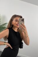 Women's Strappy Sleeveless Waist Ruffle Slit Midi Janjan Crepe Dress - Black - Brand: Janes - Women's Clothing Wholesale - Globality Store