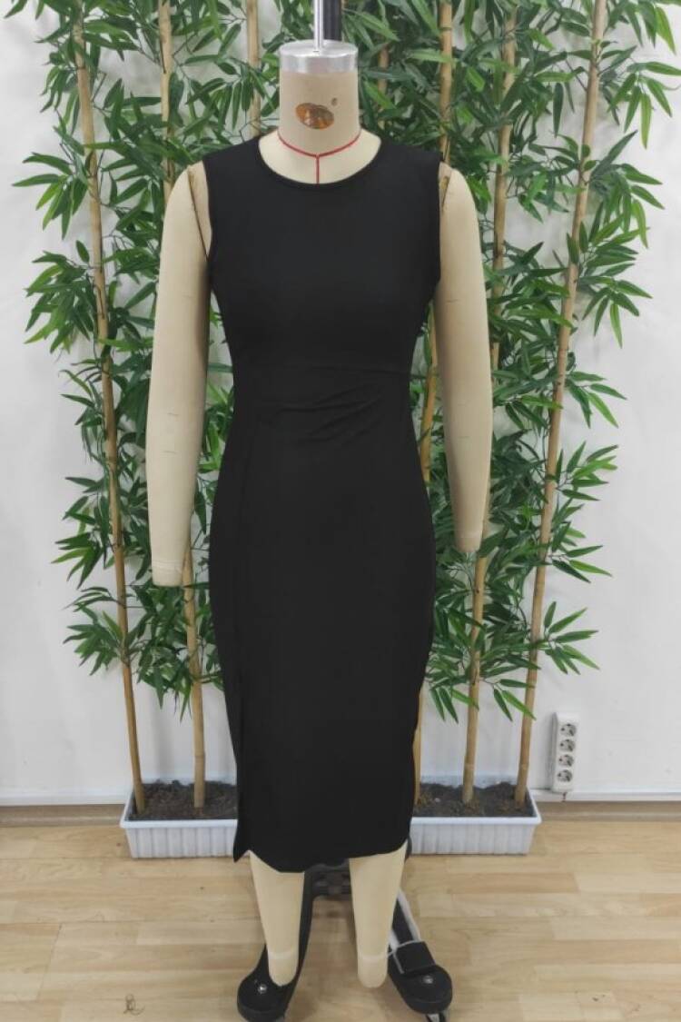 Women's Strappy Sleeveless Waist Ruffle Slit Midi Janjan Crepe Dress - Black