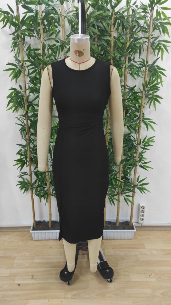Women's Strappy Sleeveless Waist Ruffle Slit Midi Janjan Crepe Dress - Black