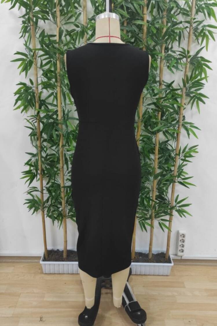 Women's Strappy Sleeveless Waist Ruffle Slit Midi Janjan Crepe Dress - Black