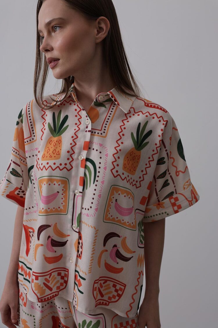 Printed Short Sleeve Pants Set - Stone-Orange