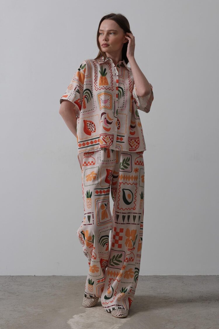 Printed Short Sleeve Pants Set - Stone-Orange