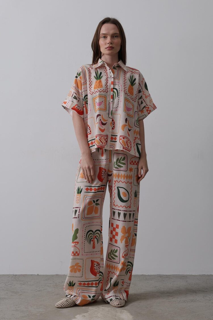 Printed Short Sleeve Pants Set - Stone-Orange - Brand: Reyon - Women's Clothing Wholesale - Globality Store