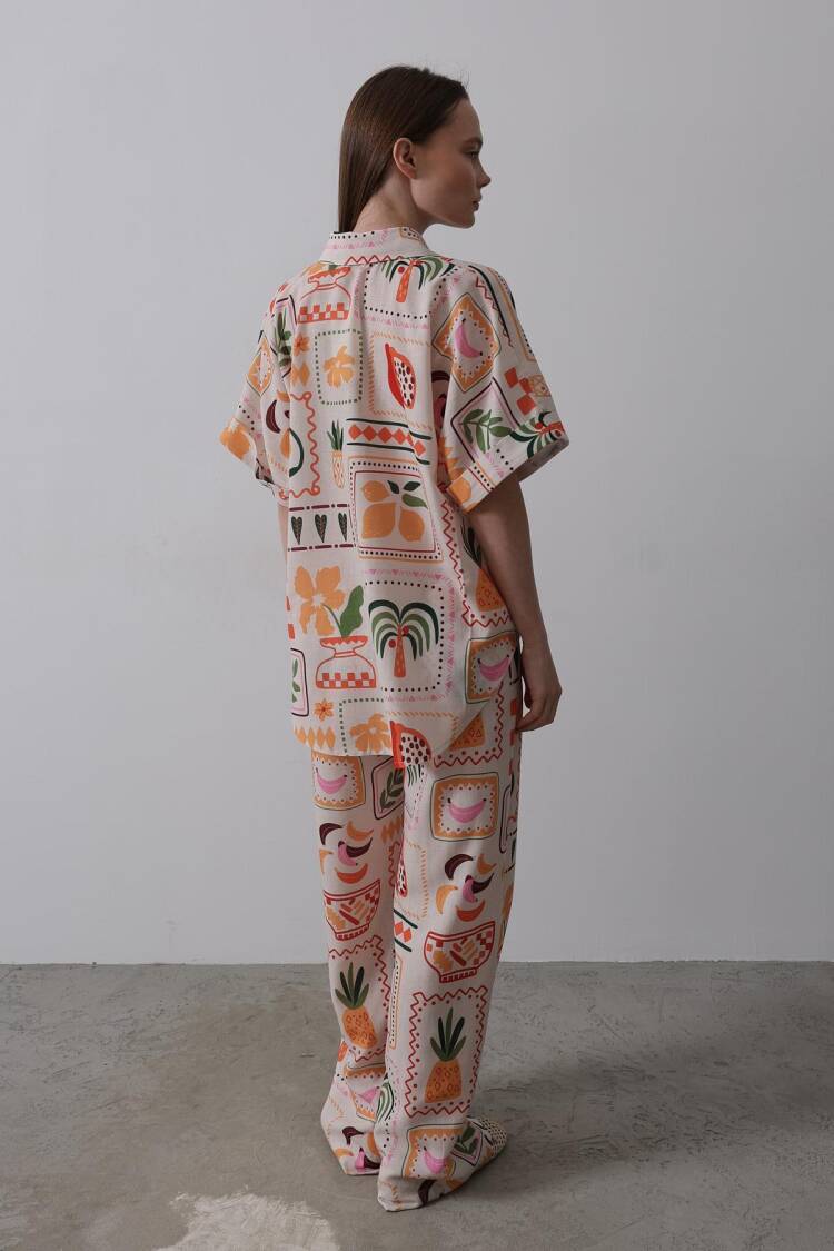 Printed Short Sleeve Pants Set - Stone-Orange