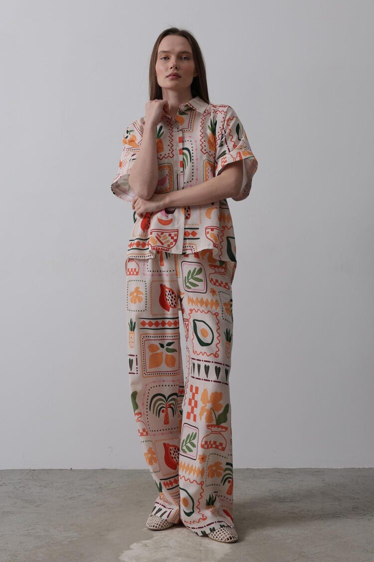 Printed Short Sleeve Pants Set - Stone-Orange