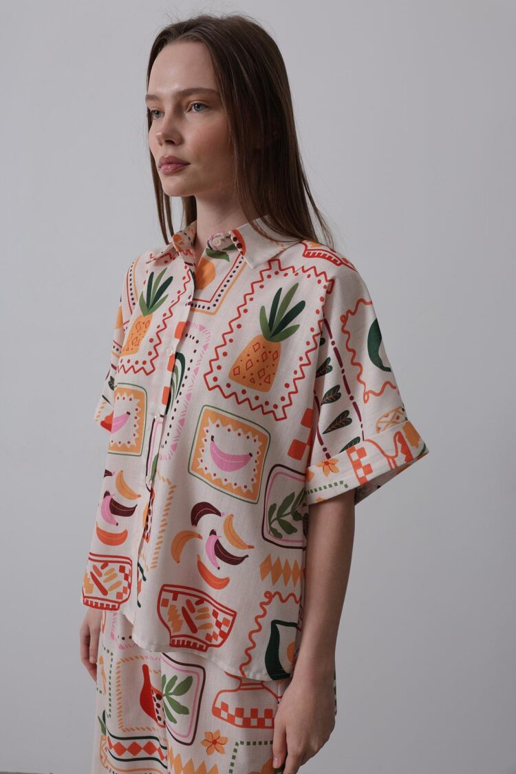 Printed Short Sleeve Pants Set - Stone-Orange