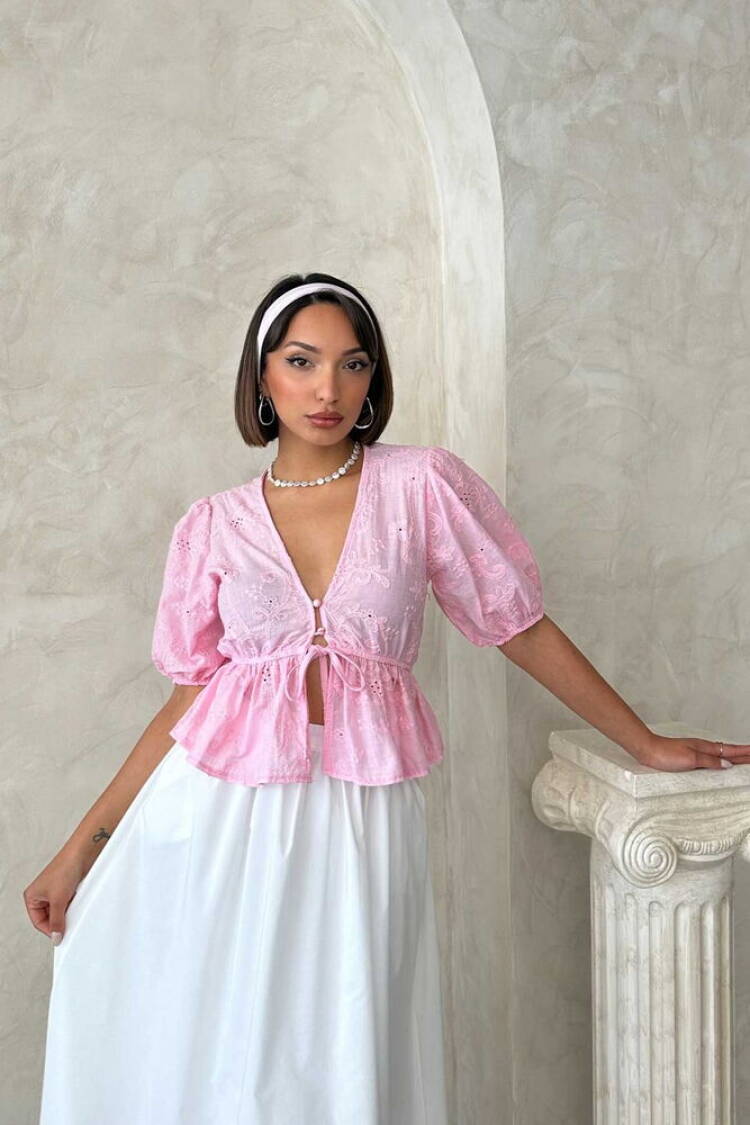 Front Tie Embroidered Voile Blouse - Brand: Topshow - Women's Clothing Wholesale - Globality Store
