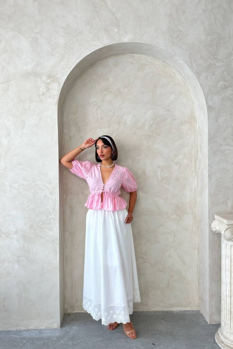 Front Tie Embroidered Voile Blouse