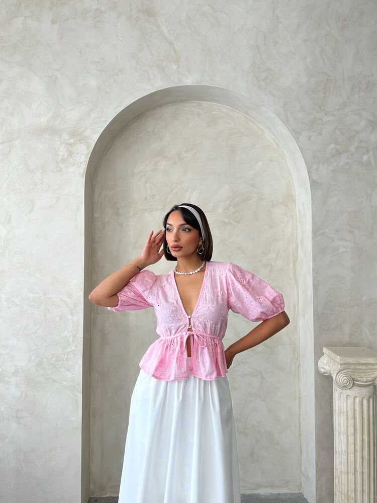 Front Tie Embroidered Voile Blouse