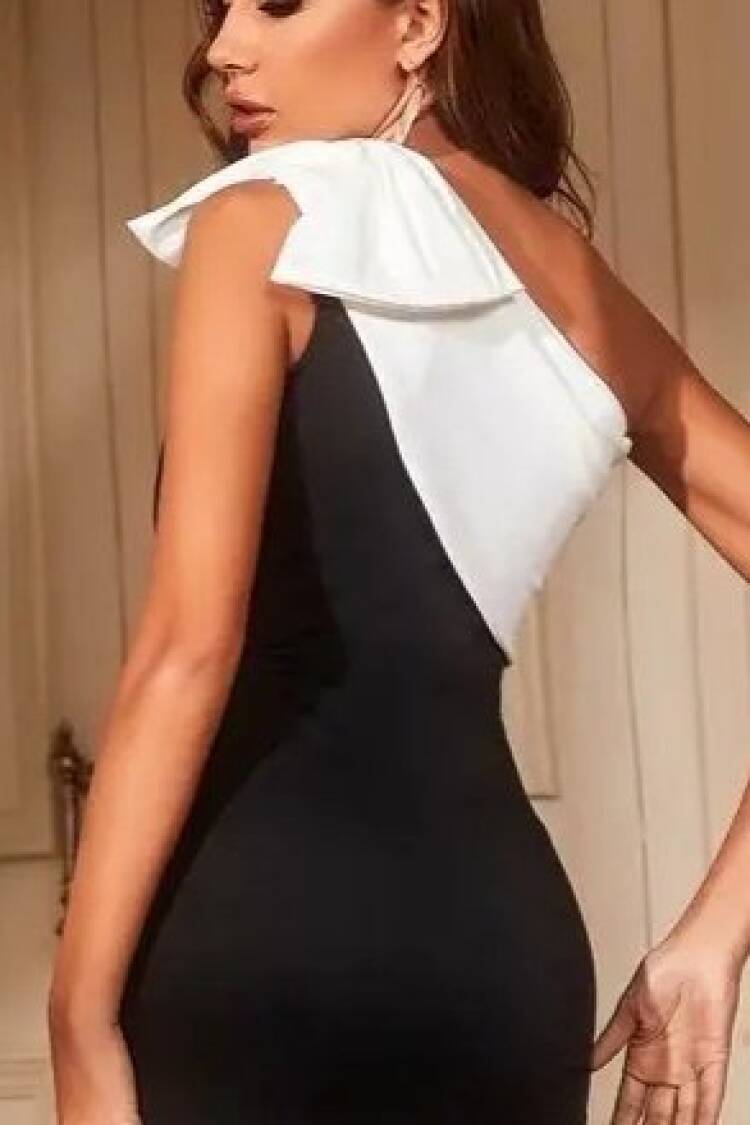 Women's Off Shoulder Ribbon Detailed Double Color Slit Midi Plunge Dress - Black