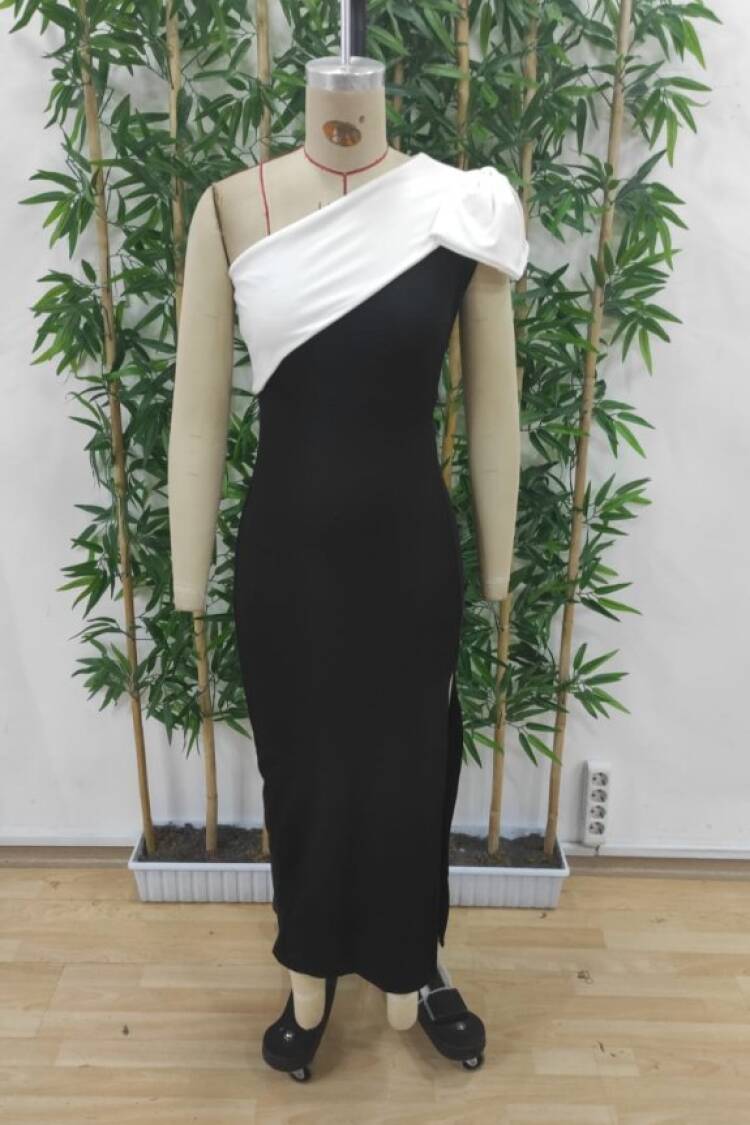 Women's Off Shoulder Ribbon Detailed Double Color Slit Midi Plunge Dress - Black