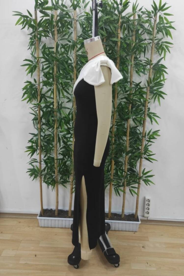 Women's Off Shoulder Ribbon Detailed Double Color Slit Midi Plunge Dress - Black