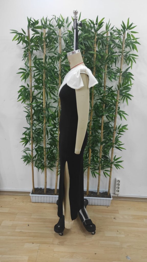 Women's Off Shoulder Ribbon Detailed Double Color Slit Midi Plunge Dress - Black