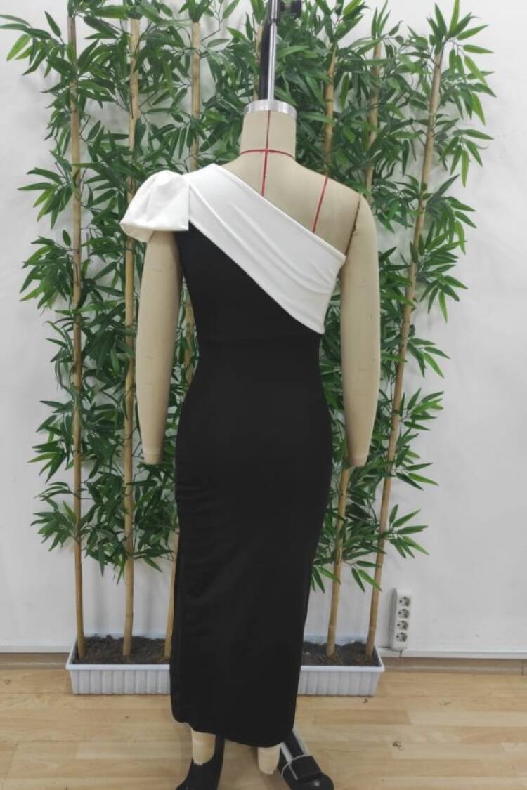 Women's Off Shoulder Ribbon Detailed Double Color Slit Midi Plunge Dress - Black