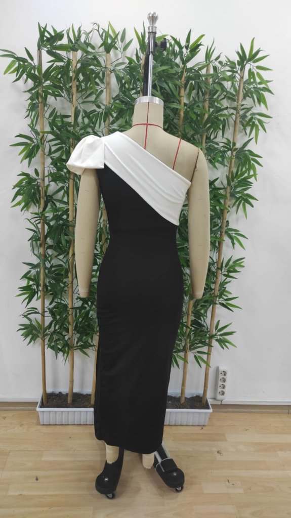 Women's Off Shoulder Ribbon Detailed Double Color Slit Midi Plunge Dress - Black