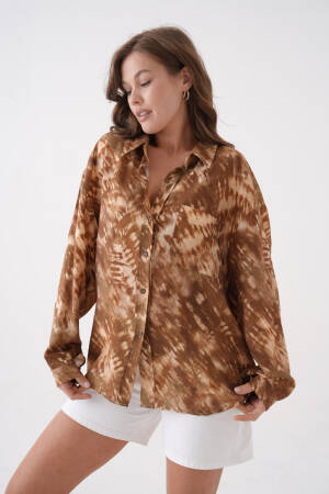 Coffee Tie Dye Pattern Modal Fabric Oversize Shirt 29188 - Brand: First Angels - Women's Clothing Wholesale - Globality Store