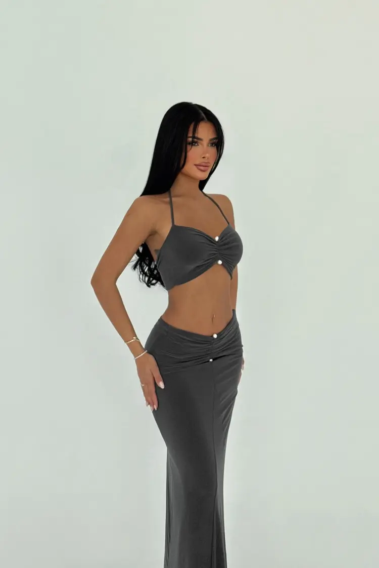 Pearl Detail Skirt Suit