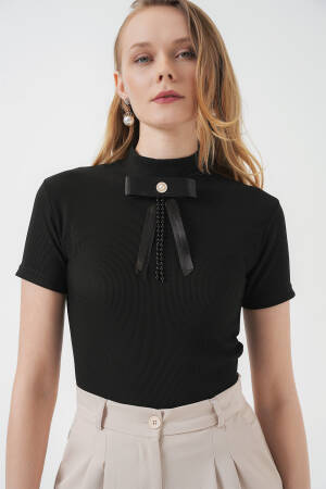 Collar Detailed Short Sleeve Blouse - Black - Brand: Bigdart - Women's Clothing Wholesale - Globality Store