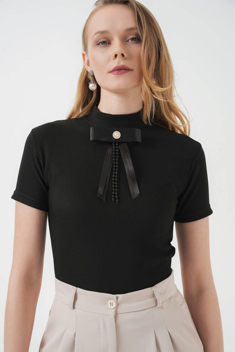 Collar Detailed Short Sleeve Blouse - Black - Brand: Bigdart - Women's Clothing Wholesale - Globality Store