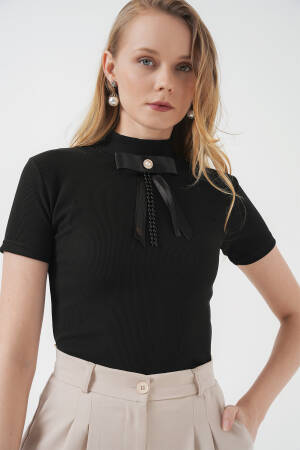 Collar Detailed Short Sleeve Blouse - Black - Brand: Bigdart - Women's Clothing Wholesale - Globality Store