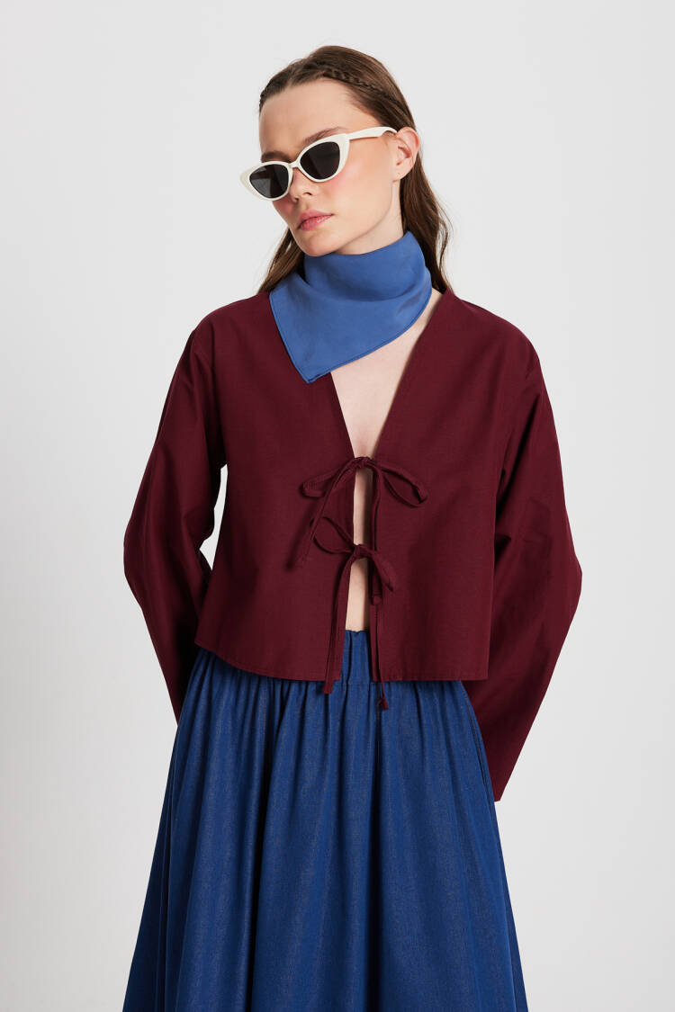 Burgundy Poplin Front Tie Blouse 29085 - Brand: First Angels - Women's Clothing Wholesale - Globality Store