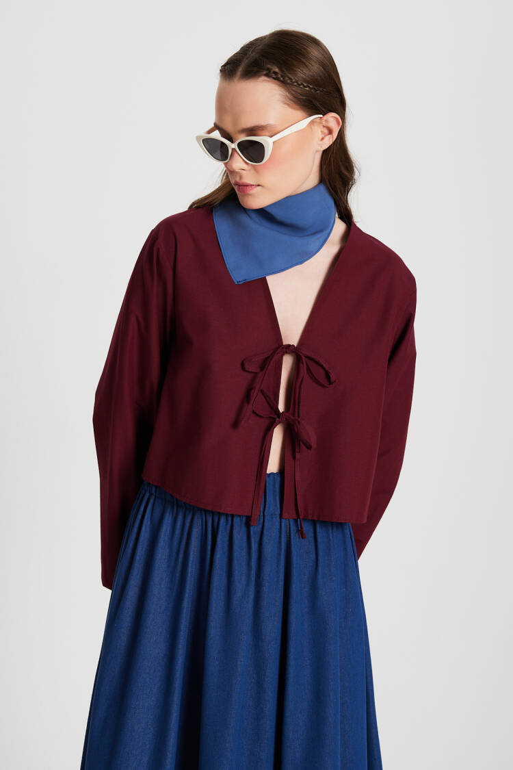 Burgundy Poplin Front Tie Blouse 29085