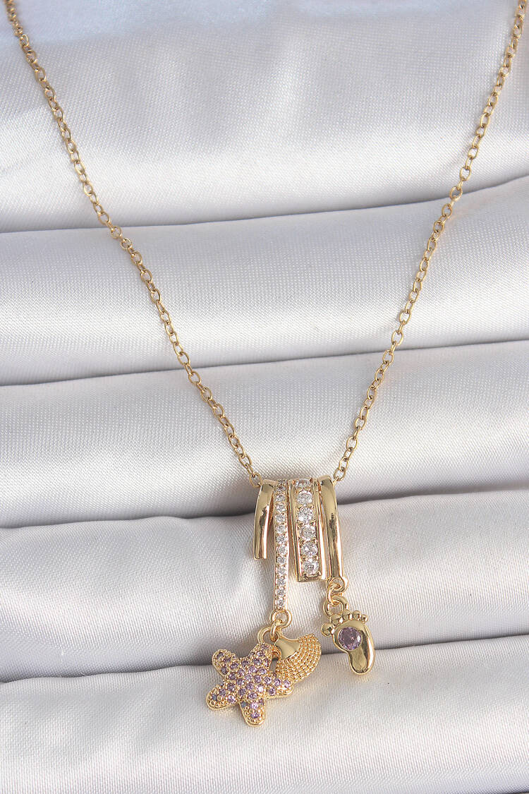 316l Steel Gold Color Swinging Zircon Stone Purple Stone Teddy Bear Figure Charm Women Necklace - Brand: Ebijuteri - Women's Clothing Wholesale - Globality Store