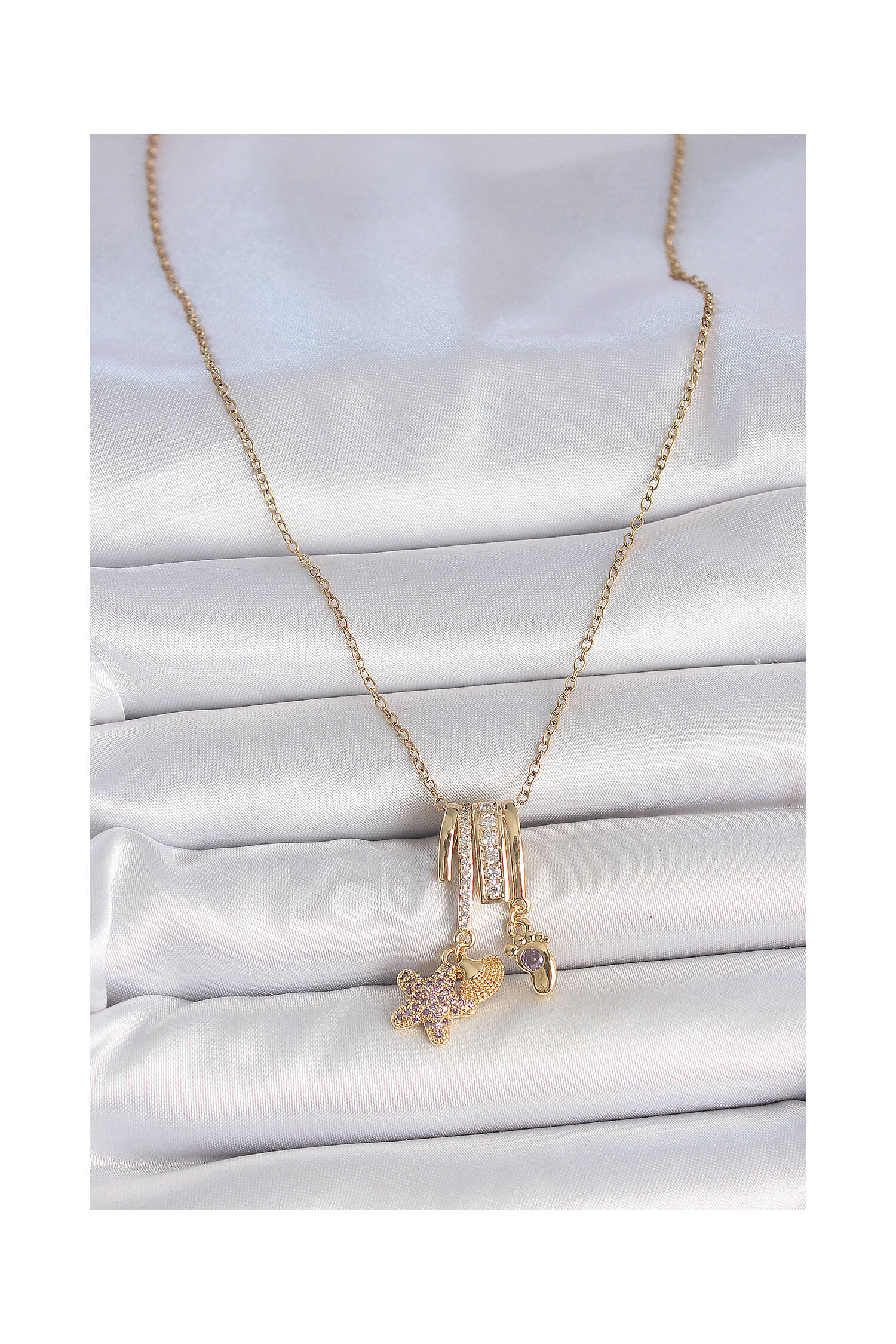 316l Steel Gold Color Swinging Zircon Stone Purple Stone Teddy Bear Figure Charm Women Necklace - Brand: Ebijuteri - Women's Clothing Wholesale - Globality Store