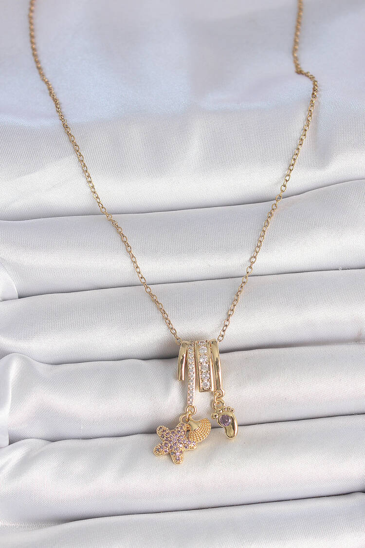 316l Steel Gold Color Swinging Zircon Stone Purple Stone Teddy Bear Figure Charm Women Necklace