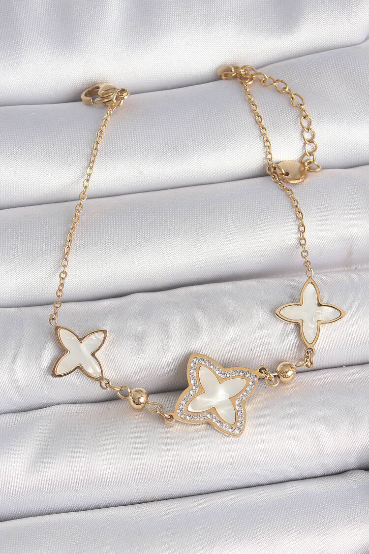 316l Steel Gold Color White Enameled Flower Pattern Zircon Stone Detail Women Bracelet - Brand: Ebijuteri - Women's Clothing Wholesale - Globality Store