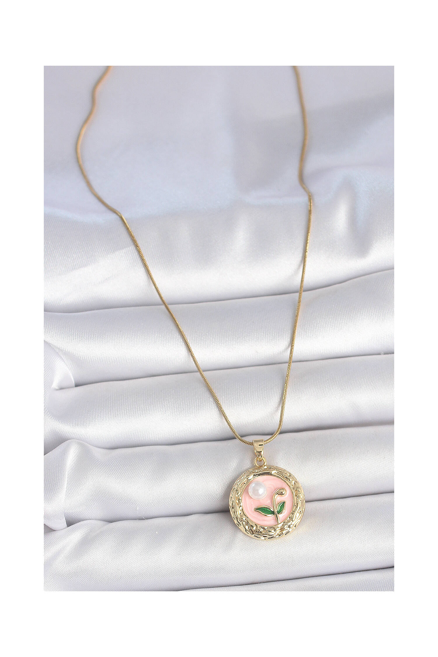 316l Steel Gold Color Chain Pink Flower Embroidered Pearl Detail Portrait Model Women Necklace - Brand: Ebijuteri - Women's Clothing Wholesale - Globality Store