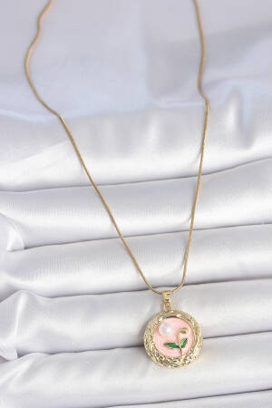 316l Steel Gold Color Chain Pink Flower Embroidered Pearl Detail Portrait Model Women Necklace - Brand: Ebijuteri - Women's Clothing Wholesale - Globality Store