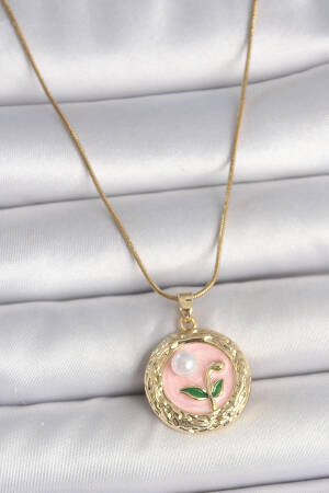 316l Steel Gold Color Chain Pink Flower Embroidered Pearl Detail Portrait Model Women Necklace - Brand: Ebijuteri - Women's Clothing Wholesale - Globality Store
